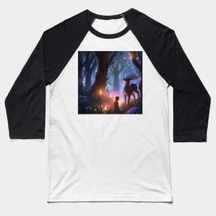 Girl in magical forest surrounded by animals Baseball T-Shirt